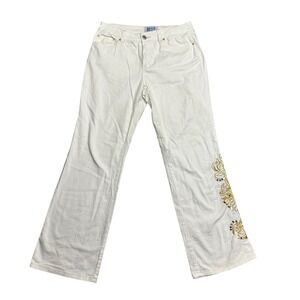 Blue Identity White Embroidered Sequin Flare Jeans Womens 10 Gold Filigree Y2K